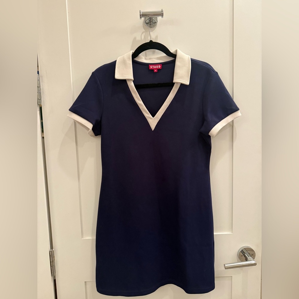 STAUD Volley Navy Dress with White Accents